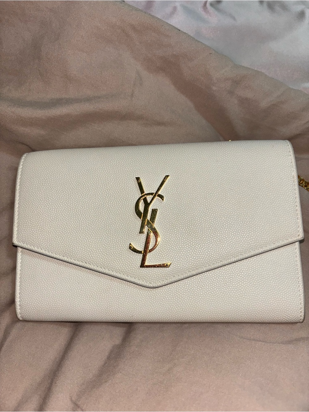 Saint Laurent Cream Leather Envelope Clutch with Gold YSL Emblem
